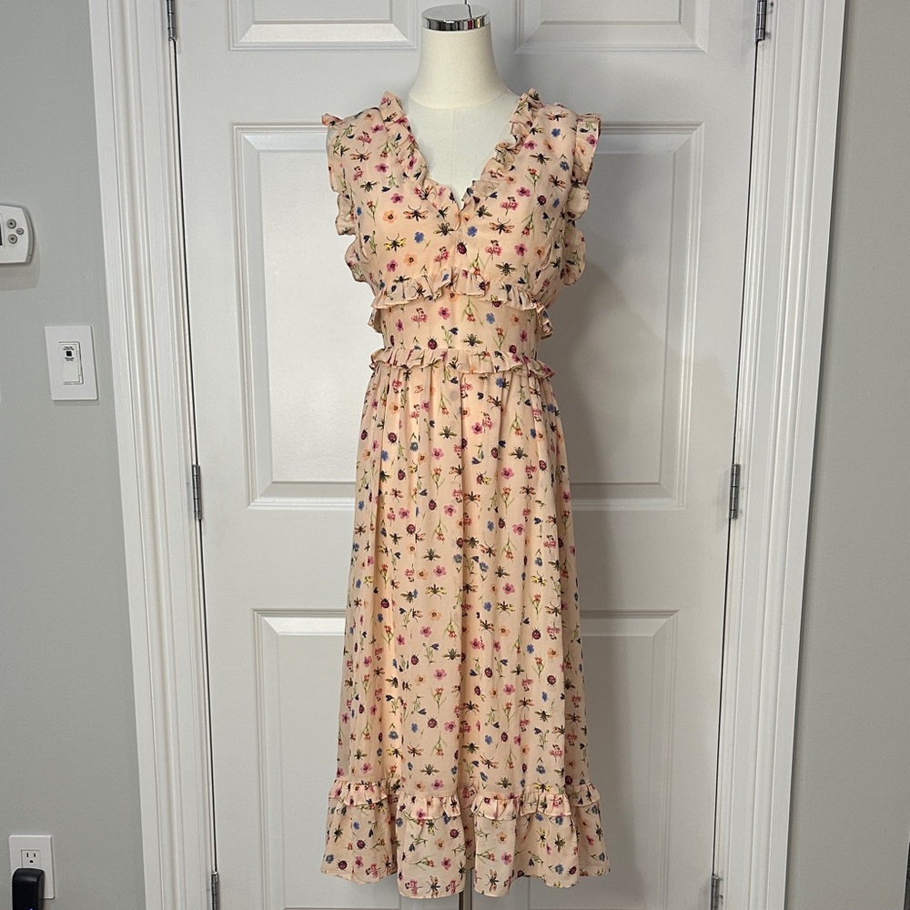 Betsey Johnson Peach Bug Floral Ruffle Tiered V-Neck Whimsical Midi Dress Size 8